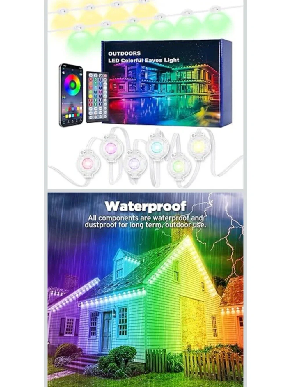 100FT Outdoor LED Eaves Light RGB Roof String Lights App Remote Control Open Box
